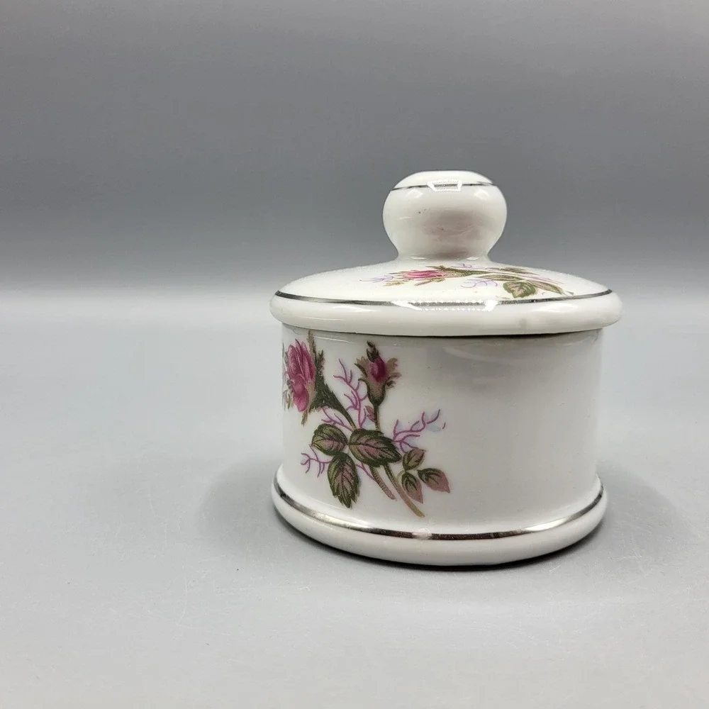 Vintage Porcelain Vanity Trinket Powder Jar Bowl With Lid Pink Rose Silver Trim